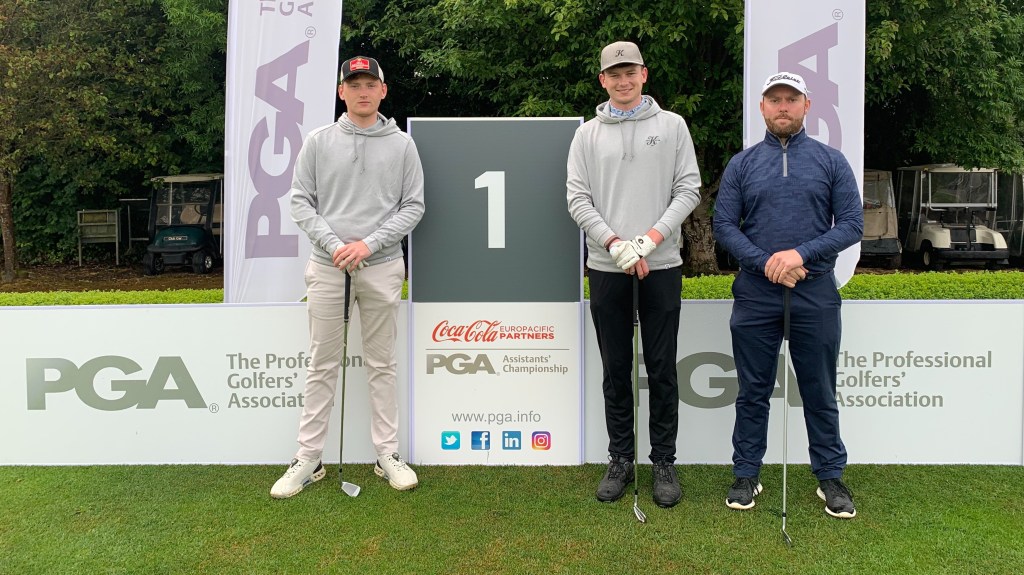 Aodan Comerford (Balbriggan Golf Club), Charlie Walsh (The K Club) & Gary Shaw (Naas Golf Club). On the first tee of the PGA Assistants Championship Qualifier at County Meath Golf Club